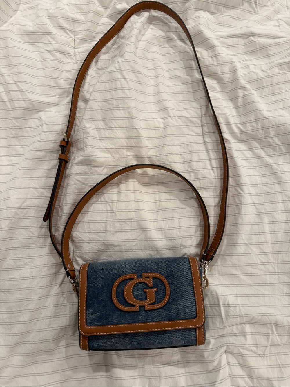 Guess Denim Crossbody Bag with Brown Leather Trim